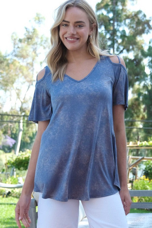 Cool Escape Cold Shoulder Top In Blue