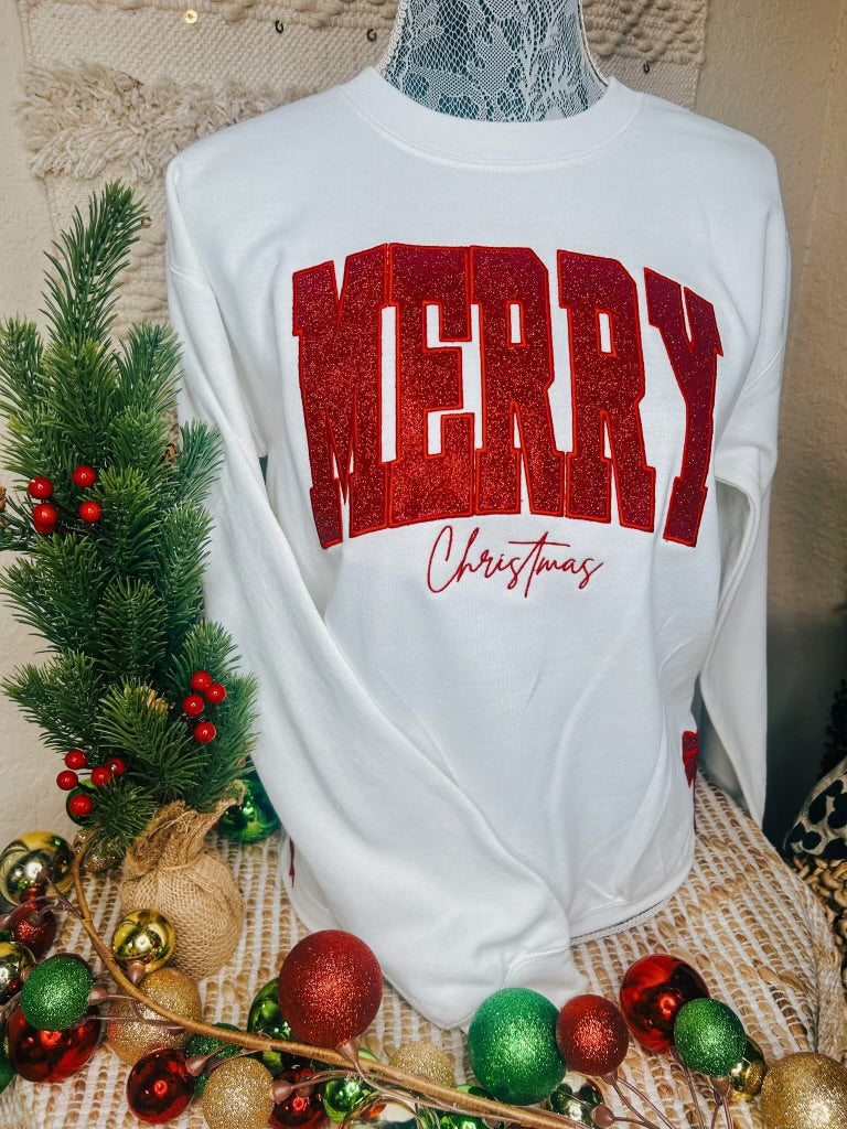 MERRY Christmas Embroidered Pullover In White