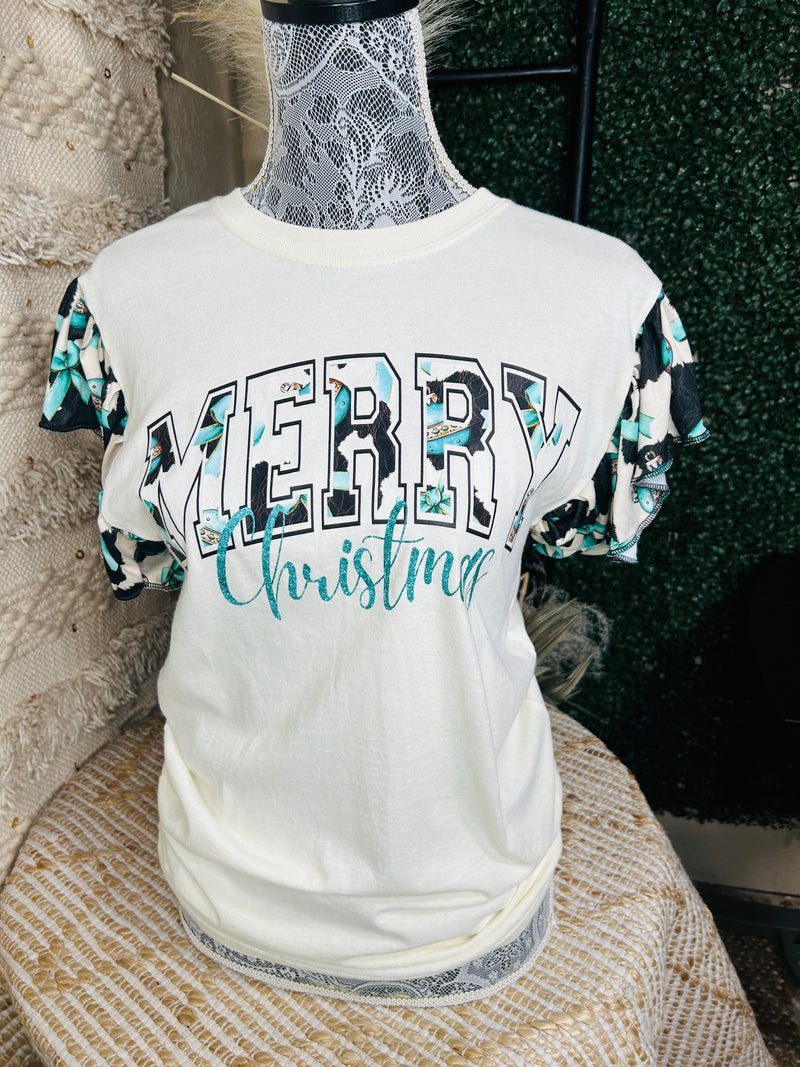 Turquoise Merry Christmas Ruffle Tee