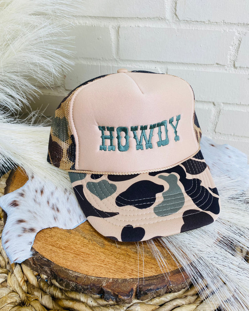 Howdy Embroidered Green Camo Trucker