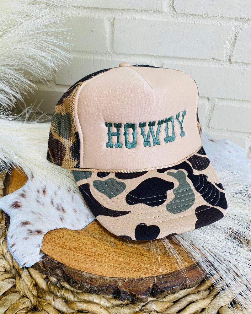 Howdy Embroidered Green Camo Trucker