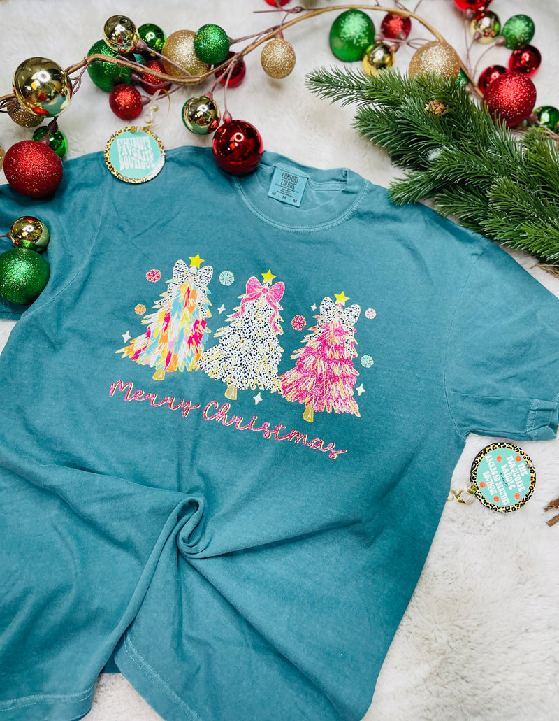 Teal Merry Christmas Bow Trees Tee