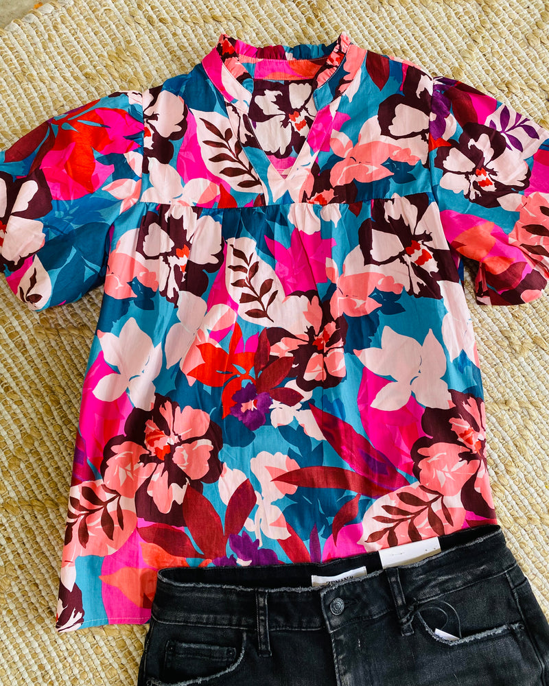 Fan Of Floral Lantern Sleeve Blouse