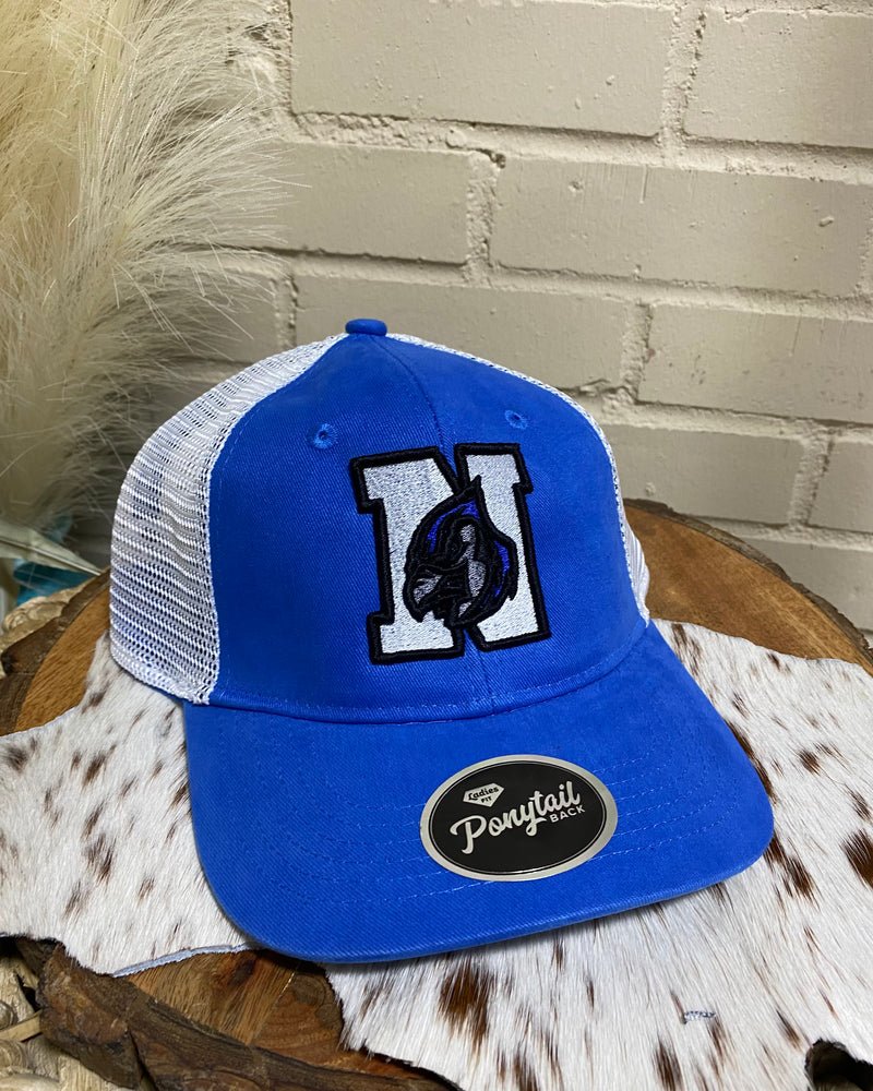 Needville N Blue Jay Ponytail Hat