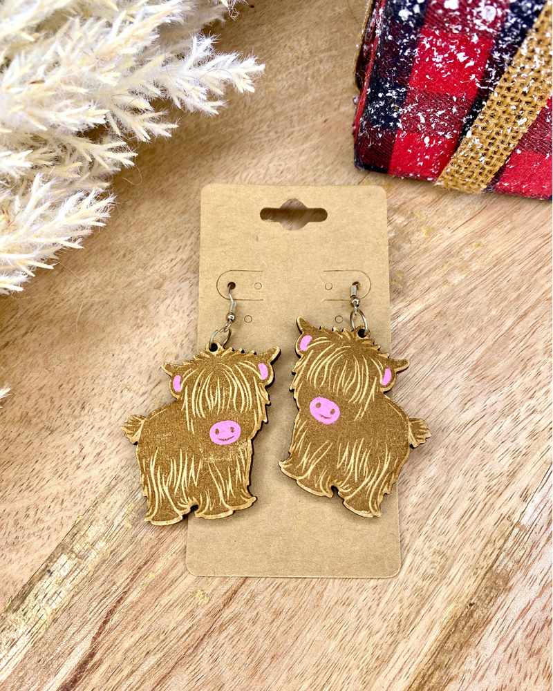 Wood Highland Cow Earrings