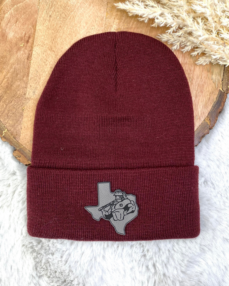 Maroon Elmo Leather Patch Beanie
