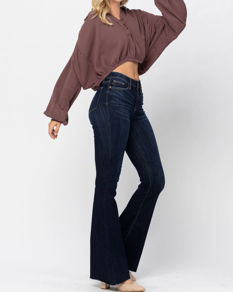 Decklan High Rise Raw Hem Flare Jean