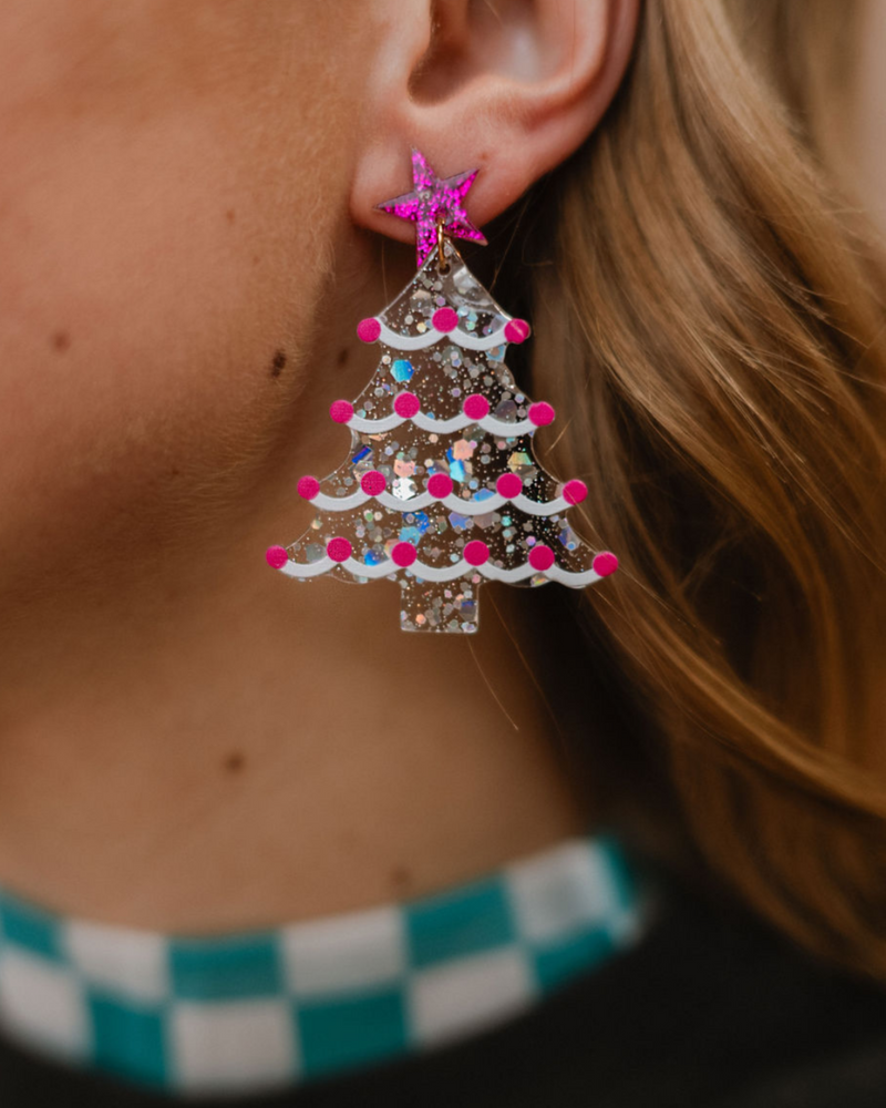 Silver and Pink Christmas Tree Earrings